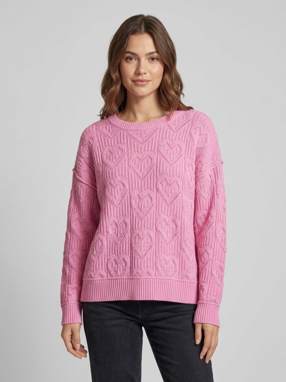 💖 Lucky Brand Bright Pink Heart Knit Pointelle Pullover Sweater Womens XL